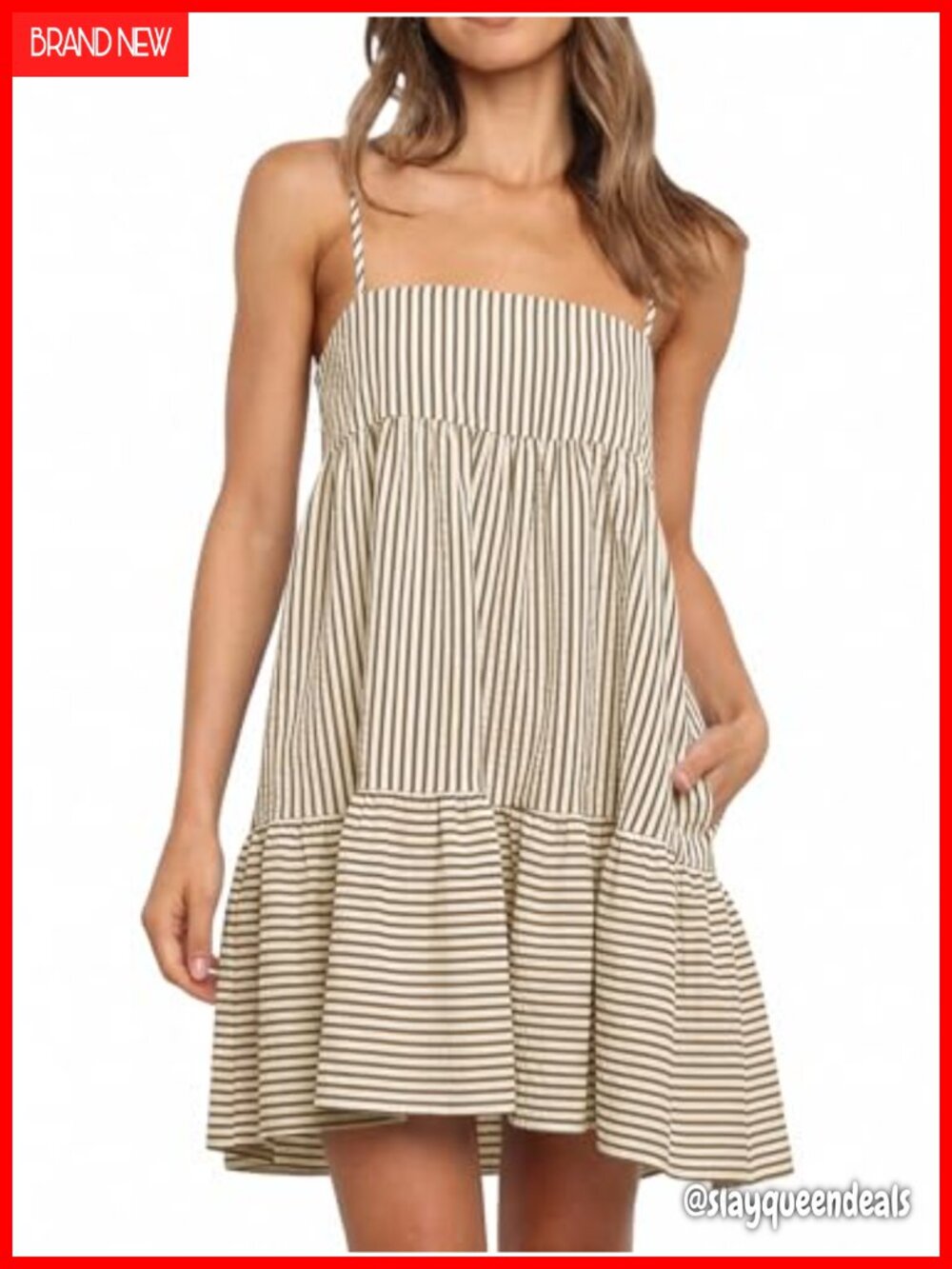 Striped Mini Sundress Spaghetti Strap Square Neck Side Pockets